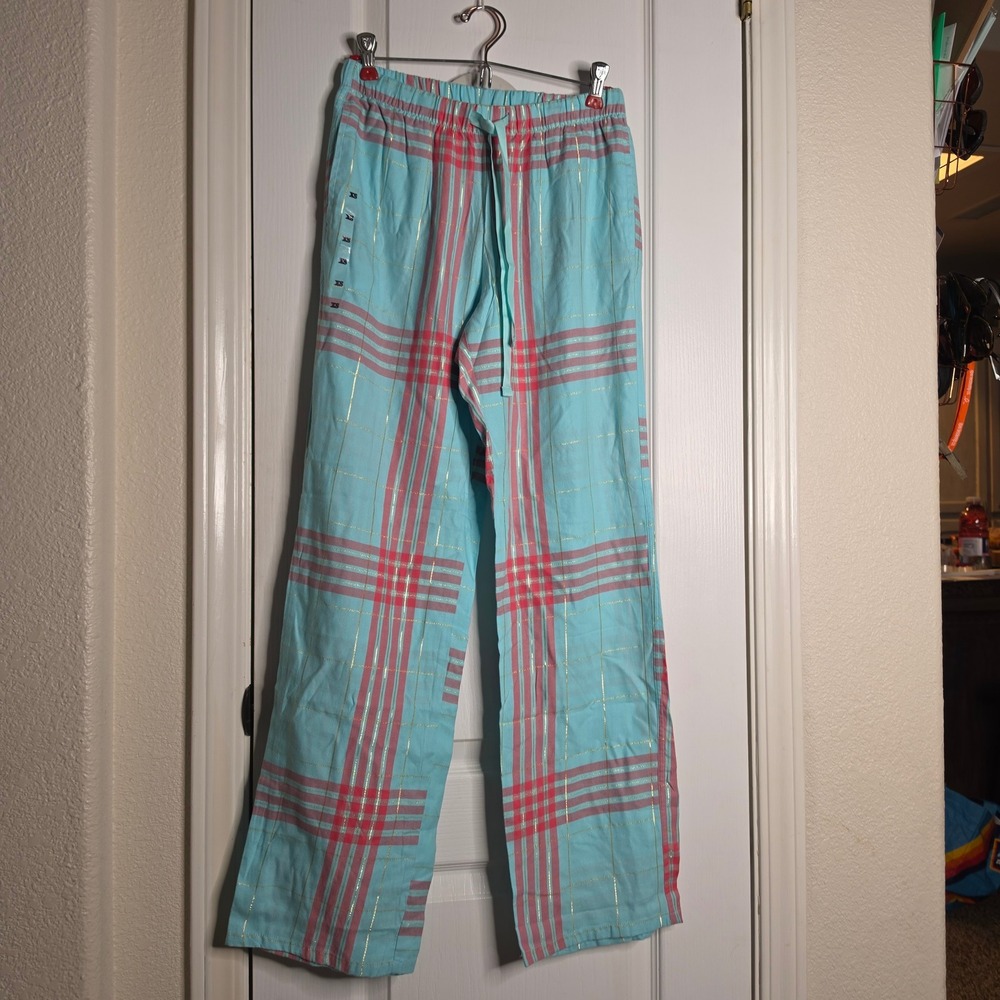 Victoria's Secret Pajama Pants Aqua Blue Pink Plaid Gold Lurex XS New